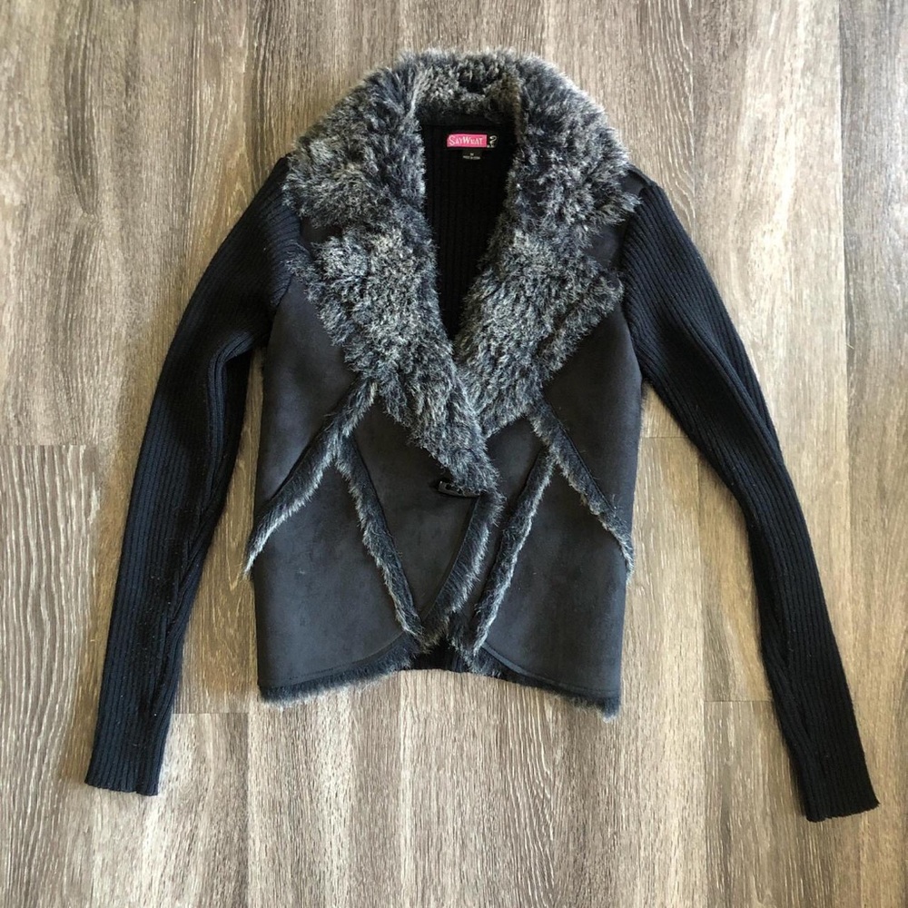 Say What? Black Cardigan with Gray Faux Fur